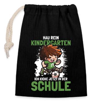 Bye Bye Kindergarten Fußball 1. Klasse Einschulung - Verschließbarer Geschenkbeutel aus Baumwolle (14x20cm) - Schwarz - Vorne