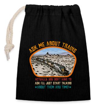 Posez-moi des questions sur les trains - Sac cadeau en coton avec cordon (14 x 20 cm) - noir - Devant