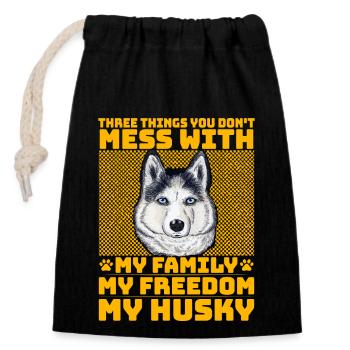 Husky Ma famille ma liberté - Sac cadeau en coton avec cordon (14 x 20 cm) - noir - Devant