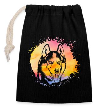 Chien Husky - Sac cadeau en coton avec cordon (14 x 20 cm) - noir - Devant
