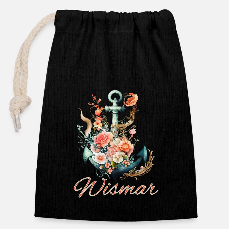 Wismar-Anker mit Blumen - Verschließbarer Geschenkbeutel aus Baumwolle (14x20cm) - Schwarz
