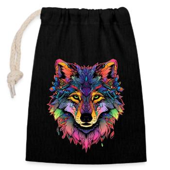 Geometrischer Wolf ColorFull - Verschließbarer Geschenkbeutel aus Baumwolle (14x20cm) - Schwarz - Vorne