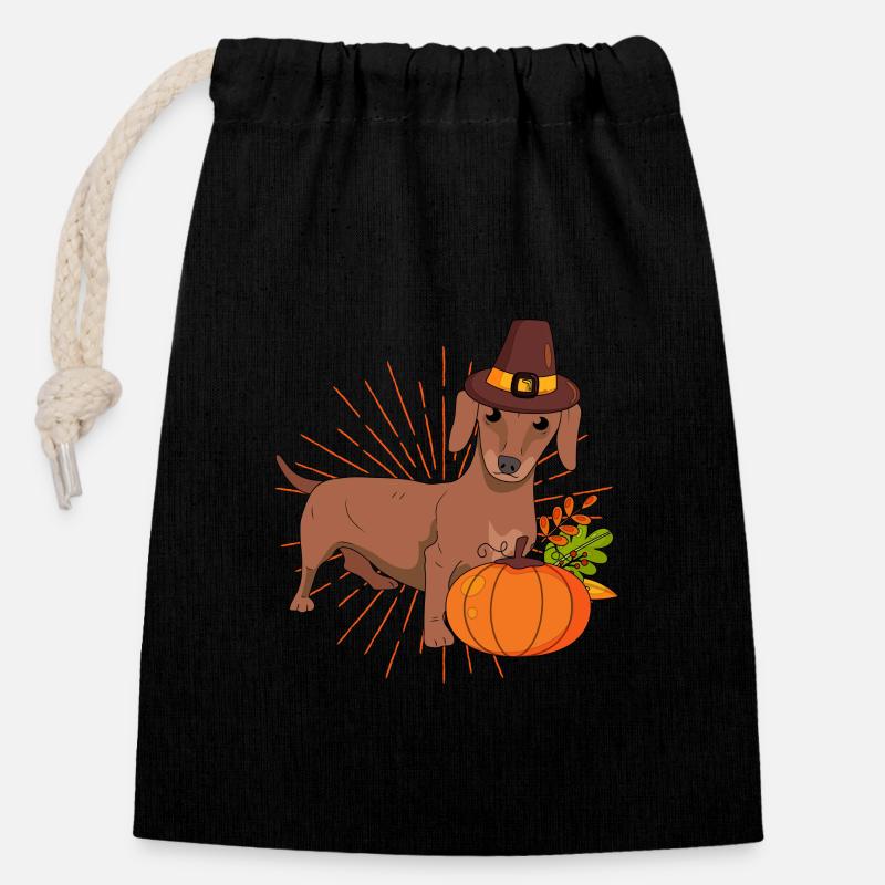 Pilgrim Dachshund Pumpkin feuilles Thanksgiving - Sac cadeau en coton avec cordon (14 x 20 cm) - noir