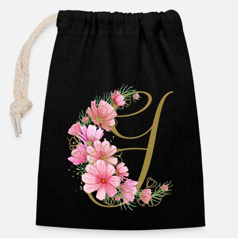 vrille florale avec la lettre G - Sac cadeau en coton avec cordon (14 x 20 cm) - noir