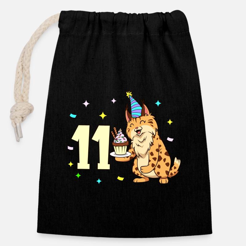 Avec lynx - anniversaire des enfants 11 ans - Sac cadeau en coton avec cordon (14 x 20 cm) - noir