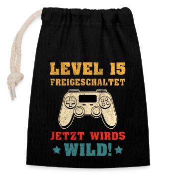 Level 15 Freigeschaltet Geburtstagsgeschenk - Verschließbarer Geschenkbeutel aus Baumwolle (14x20cm) - Schwarz - Vorne