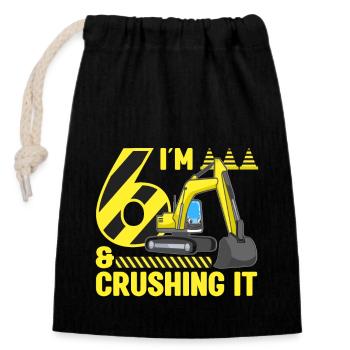 Construction Party 6ème anniversaire 6 ans Digger - Sac cadeau en coton avec cordon (14 x 20 cm) - noir - Devant