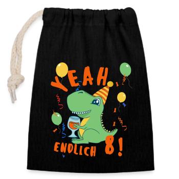 Yeah Dino endlich 8 - Verschließbarer Geschenkbeutel aus Baumwolle (14x20cm) - Schwarz - Vorne