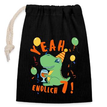 Yeah Dino endlich 7 - Verschließbarer Geschenkbeutel aus Baumwolle (14x20cm) - Schwarz - Vorne