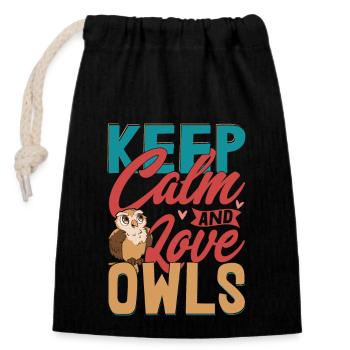 Keep Calm And Love Owls Nocturnal Bird Night Owl - Verschließbarer Geschenkbeutel aus Baumwolle (14x20cm) - Schwarz - Vorne