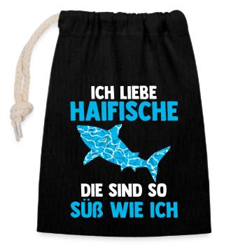 Fische Haifisch - Verschließbarer Geschenkbeutel aus Baumwolle (14x20cm) - Schwarz - Vorne