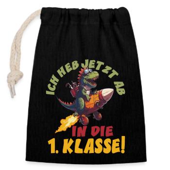 Ich heb jetzt ab in die 1. Klasse Schulanfang - Verschließbarer Geschenkbeutel aus Baumwolle (14x20cm) - Schwarz - Vorne