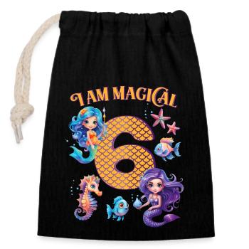 Mermaid Anniversaire 6 ans - Sac cadeau en coton avec cordon (14 x 20 cm) - noir - Devant