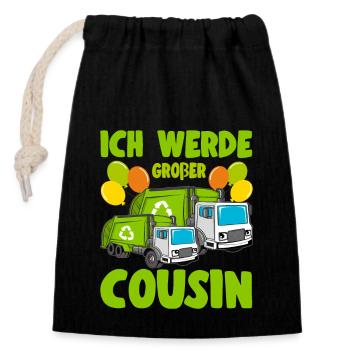 Ich Werde Großer Cousin Müllabfuhr bald Cousin - Verschließbarer Geschenkbeutel aus Baumwolle (14x20cm) - Schwarz - Vorne