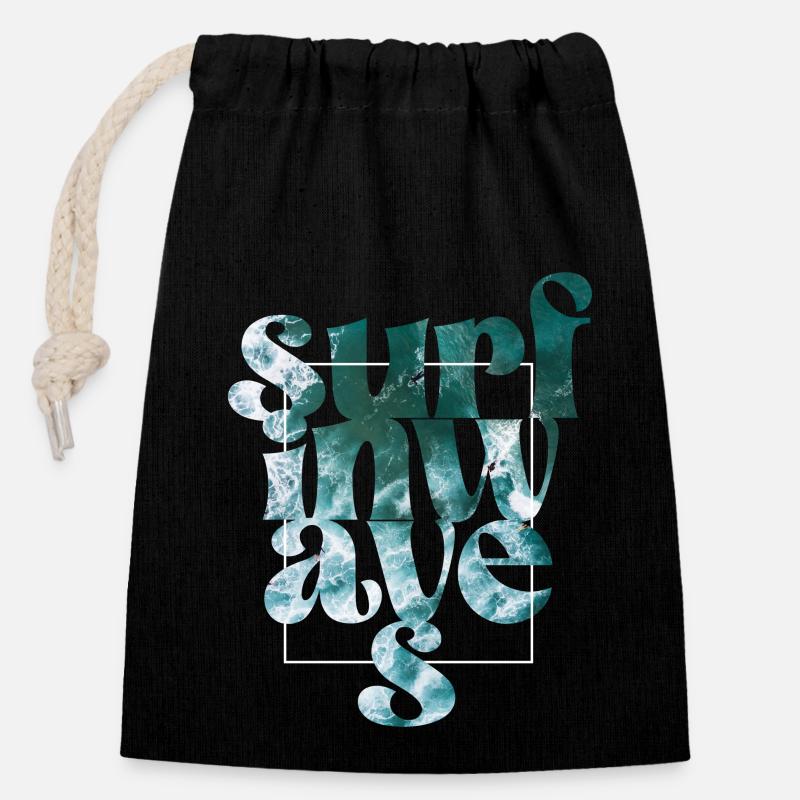 Vagues - Sac cadeau en coton avec cordon (14 x 20 cm) - noir
