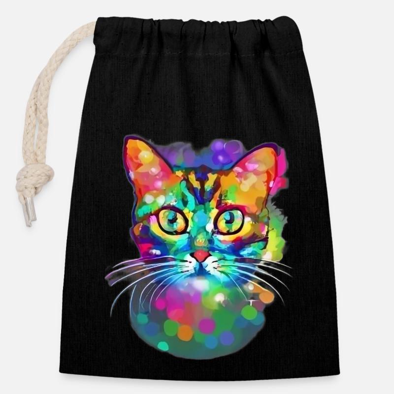 Chat Artistique - Sac cadeau en coton avec cordon (14 x 20 cm) - noir