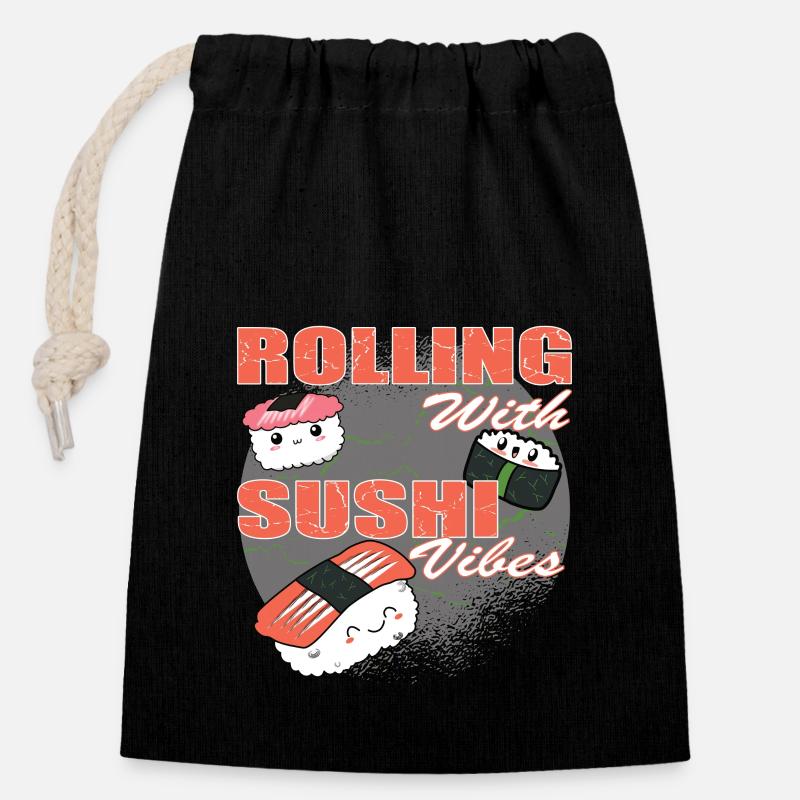 Sushi Vibes Rollende japanische Feinschmecker-Liebe - Verschließbarer Geschenkbeutel aus Baumwolle (14x20cm) - Schwarz