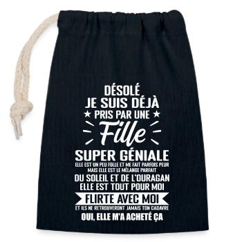 Je Suis Déjà Pris Par Une Fille Super Géniale - Sac cadeau en coton avec cordon (14 x 20 cm) - bleu marine - Devant