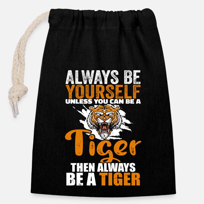 Tiger Lover, Be Yourself Tiger, Funny Tiger - Closable cotton gift bag (14x20cm) - black
