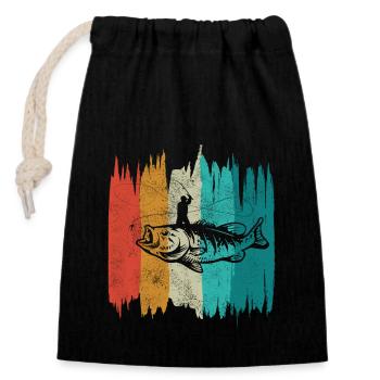 Angler Motif - Pêche Pêche Rétro - Sac cadeau en coton avec cordon (14 x 20 cm) - noir - Devant