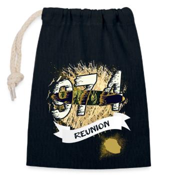 Belle idee cadeau souvenir carte de la Réunion 974 - Sac cadeau en coton avec cordon (14 x 20 cm) - bleu marine - Devant