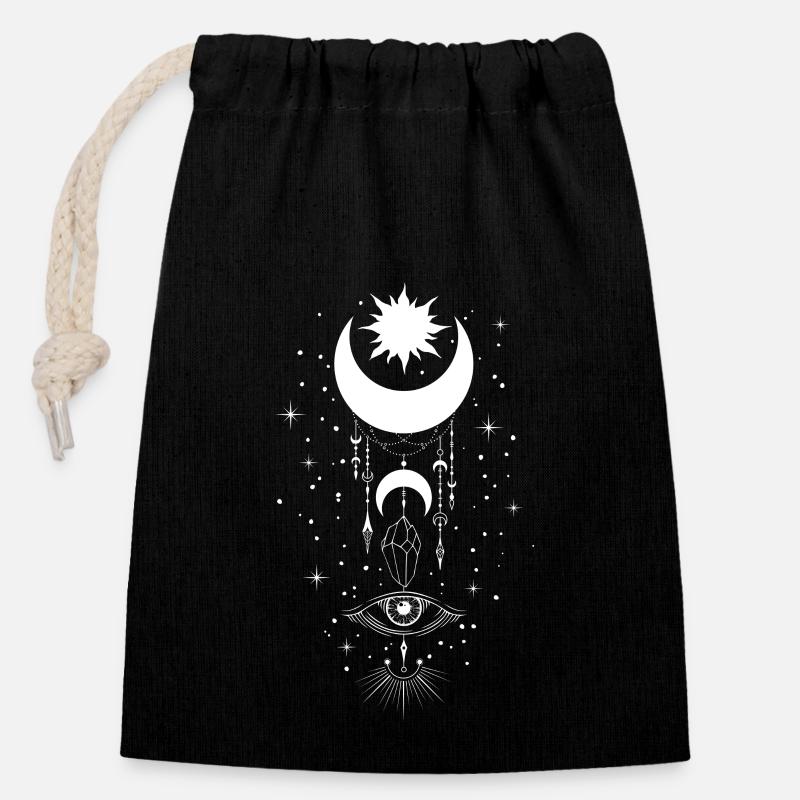 Mystisches Wicca-Design Mondphasen Sterne Kristall - Verschließbarer Geschenkbeutel aus Baumwolle (14x20cm) - Schwarz