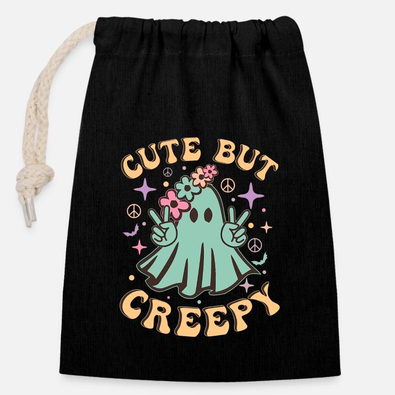 Rétro mignon mais effrayant Halloween mignon fantôme - Sac cadeau en coton avec cordon (14 x 20 cm) - noir
