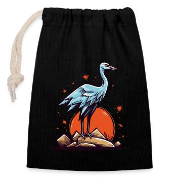 Gray heron or stork bird and a red sun - Closable cotton gift bag (14x20cm) - black - Front