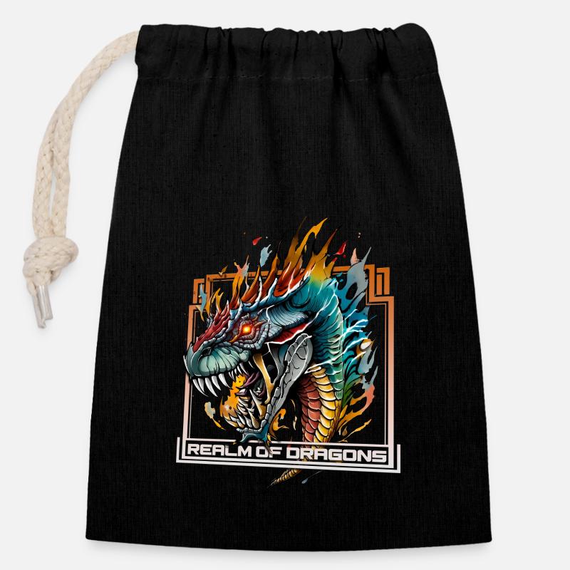 Royaume des dragons: Dragon féroce - Sac cadeau en coton avec cordon (14 x 20 cm) - noir