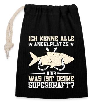 Angelrute Fischen Angeln Angelköder - Verschließbarer Geschenkbeutel aus Baumwolle (14x20cm) - Schwarz - Vorne