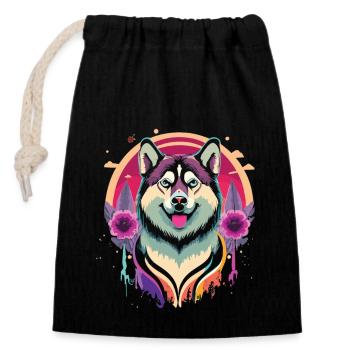 Fröhlicher Husky - Bunte Hundekunst - Verschließbarer Geschenkbeutel aus Baumwolle (14x20cm) - Schwarz - Vorne