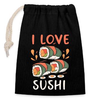 Sushi Leidenschaft - Liebe, Leben, Sushi - Verschließbarer Geschenkbeutel aus Baumwolle (14x20cm) - Schwarz - Vorne