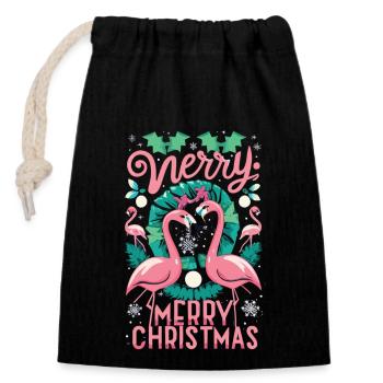 Flamant rose au moment de Noël - Célébration inoubliable - Sac cadeau en coton avec cordon (14 x 20 cm) - noir - Devant