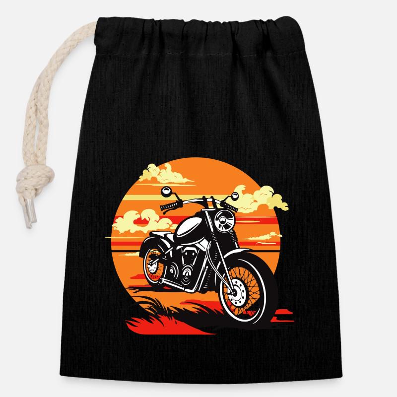 Vintage Motorcycle Drawing Illustration - Closable cotton gift bag (14x20cm) - black