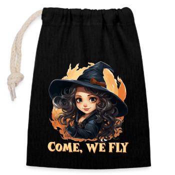 Funny little witch with saying; Come we fly - Closable cotton gift bag (14x20cm) - black - Front