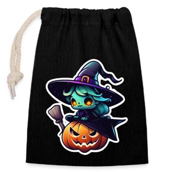 Halloween - Kürbis und Hexe - Verschließbarer Geschenkbeutel aus Baumwolle (14x20cm) - Schwarz - Vorne