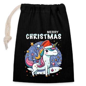 Kleines Einhorn feiert Weihnachten unter Sternen - Verschließbarer Geschenkbeutel aus Baumwolle (14x20cm) - Schwarz - Vorne
