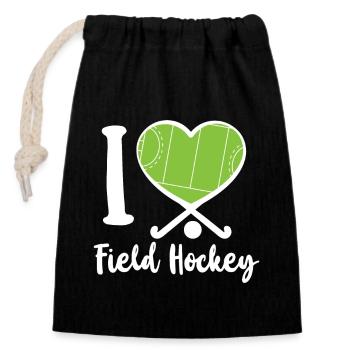 Field Hockey Heart I Love Field - Closable cotton gift bag (14x20cm) - black - Front