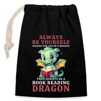 "Always Be Yourself" - Bücher lesen Grüner Drachen - Verschließbarer Geschenkbeutel aus Baumwolle (14x20cm) - Schwarz - Vorne
