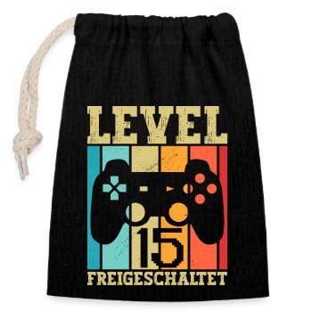 15 Level Freigeschaltet Gamer Sprüche Geburtstag - Verschließbarer Geschenkbeutel aus Baumwolle (14x20cm) - Schwarz - Vorne