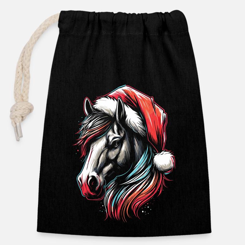 Tête de cheval avec chapeau de père Noël - Sac cadeau en coton avec cordon (14 x 20 cm) - noir