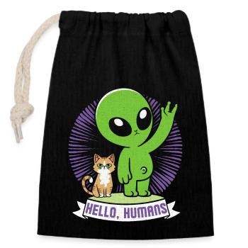 bande dessinée extraterrestre drôle, extraterrestres avec chat, dire - Sac cadeau en coton avec cordon (14 x 20 cm) - noir - Devant