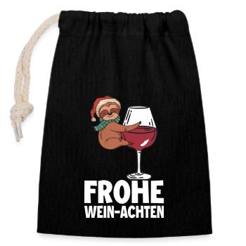 Faultier Weinglas Frohe Weihnachten - Verschließbarer Geschenkbeutel aus Baumwolle (14x20cm) - Schwarz - Vorne
