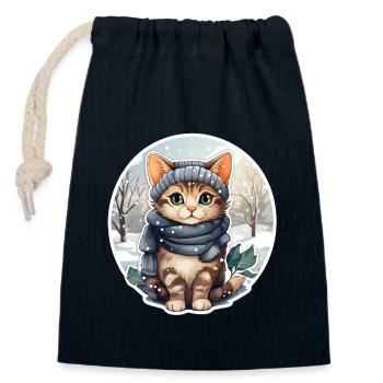 Chat dans la neige avec chapeau et écharpe - Sac cadeau en coton avec cordon (14 x 20 cm) - bleu marine - Devant