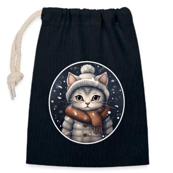 Chat avec chapeau, écharpe et veste dans les chutes de neige - Sac cadeau en coton avec cordon (14 x 20 cm) - bleu marine - Devant