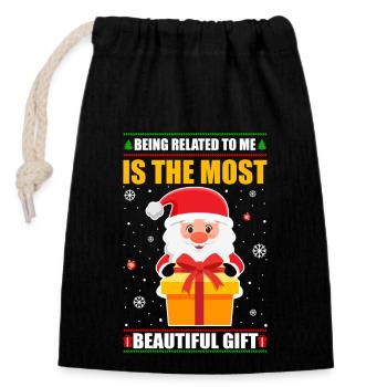 Being Related To Me – Funny Christmas Saying - Closable cotton gift bag (14x20cm) - black - Front