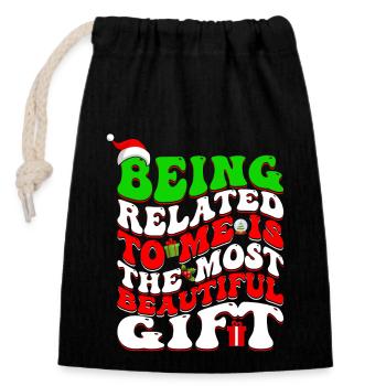 Being Related To Me – Funny Christmas Saying - Closable cotton gift bag (14x20cm) - black - Front