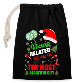 Being Related To Me – Funny Christmas Saying - Closable cotton gift bag (14x20cm) - black - Front