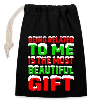 Being Related To Me – Funny Christmas Saying - Closable cotton gift bag (14x20cm) - black - Front