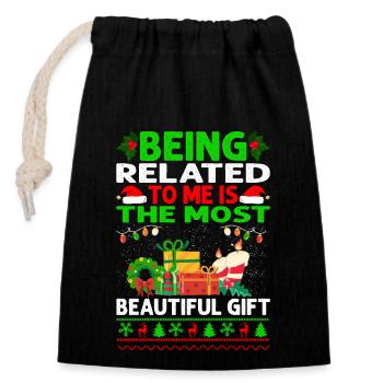 Being Related To Me – Funny Christmas Saying - Closable cotton gift bag (14x20cm) - black - Front